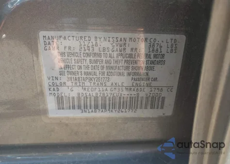 2019 Nissan Sentra S из США, поврежденный, VIN 3N1AB7AP9KY261772